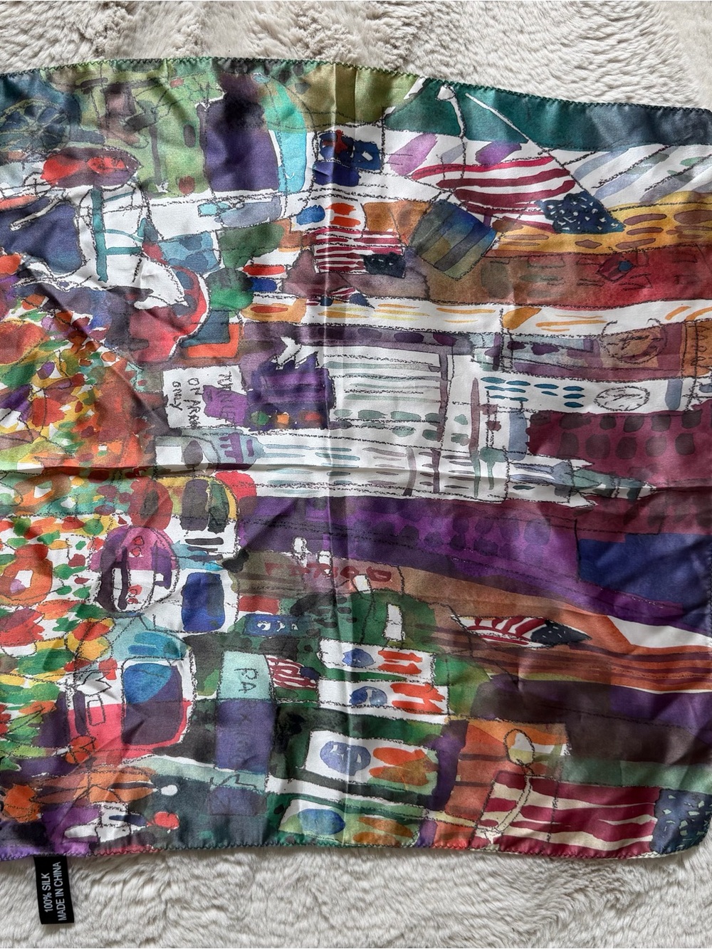 Michael Leu  Printed Silk Scarf - Multicolor Abstract Street Scene
